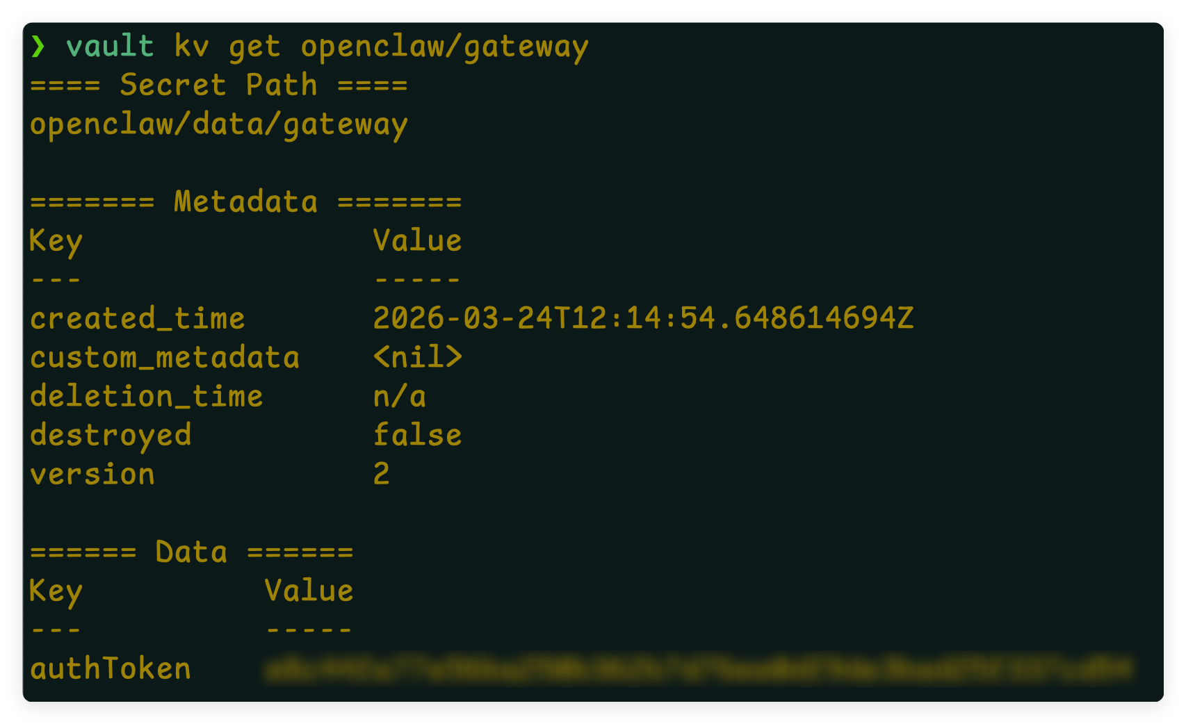 Vault 中 openclaw/gateway 凭据值